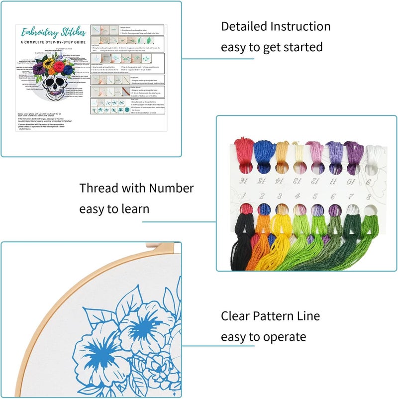 Nuberlic 3 Pack Halloween Skull Embroidery Kit for Adults Beginner Cross Stitch Kits for Starters with Skull Patterns Include 3 Hoop Cloth Thread Needles and Instructions - Image 5